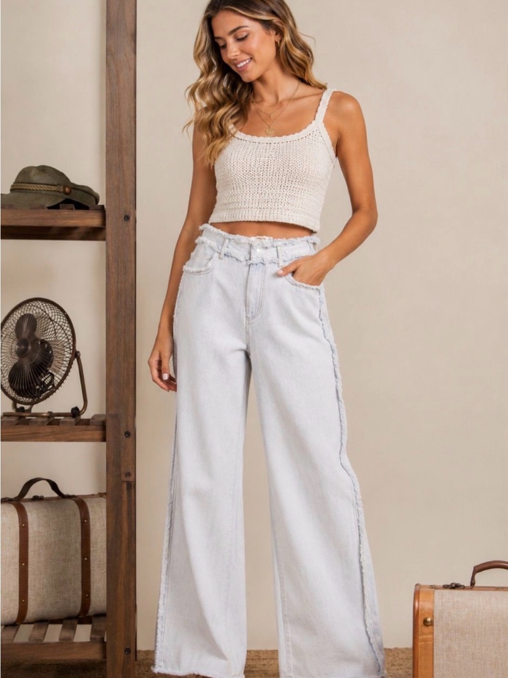 Mello. Frayed Seam, High-Waist Wide Leg Jeans in Light Blue